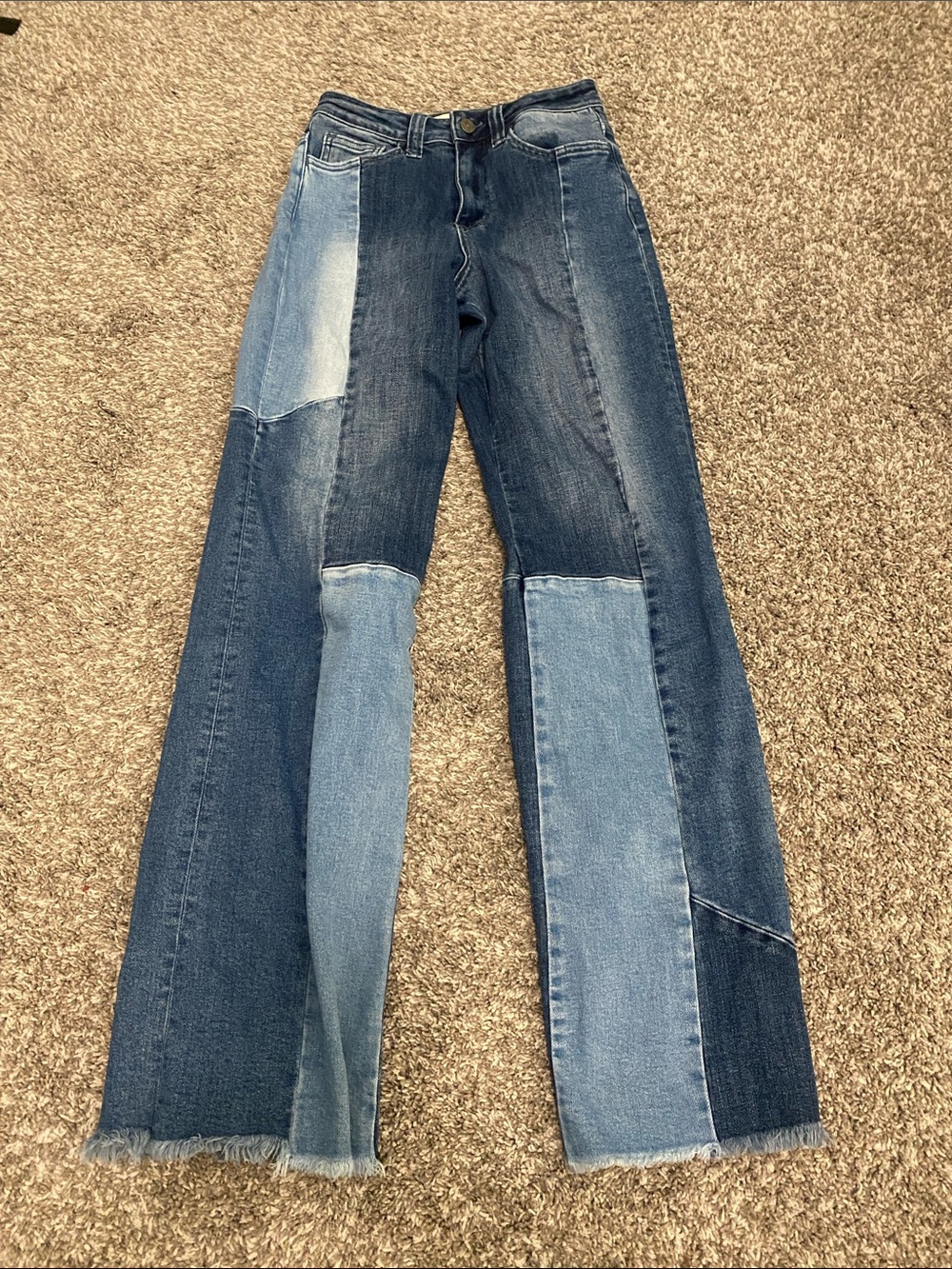 Two-Tone Blue Patchwork Wide-Leg Jeans